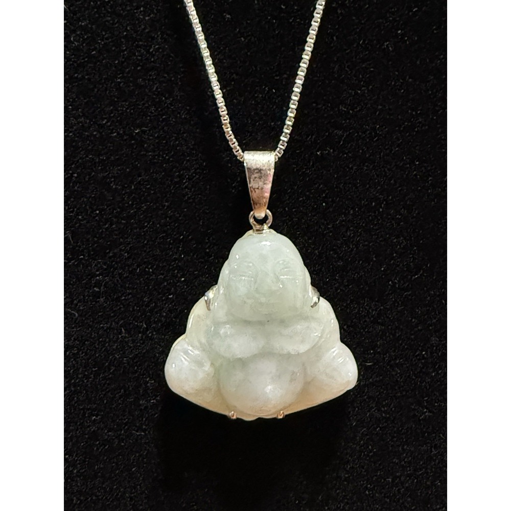Sterling Silver Carved Light Green Jade Buddha Pendant  18" Box Silver Chain 925